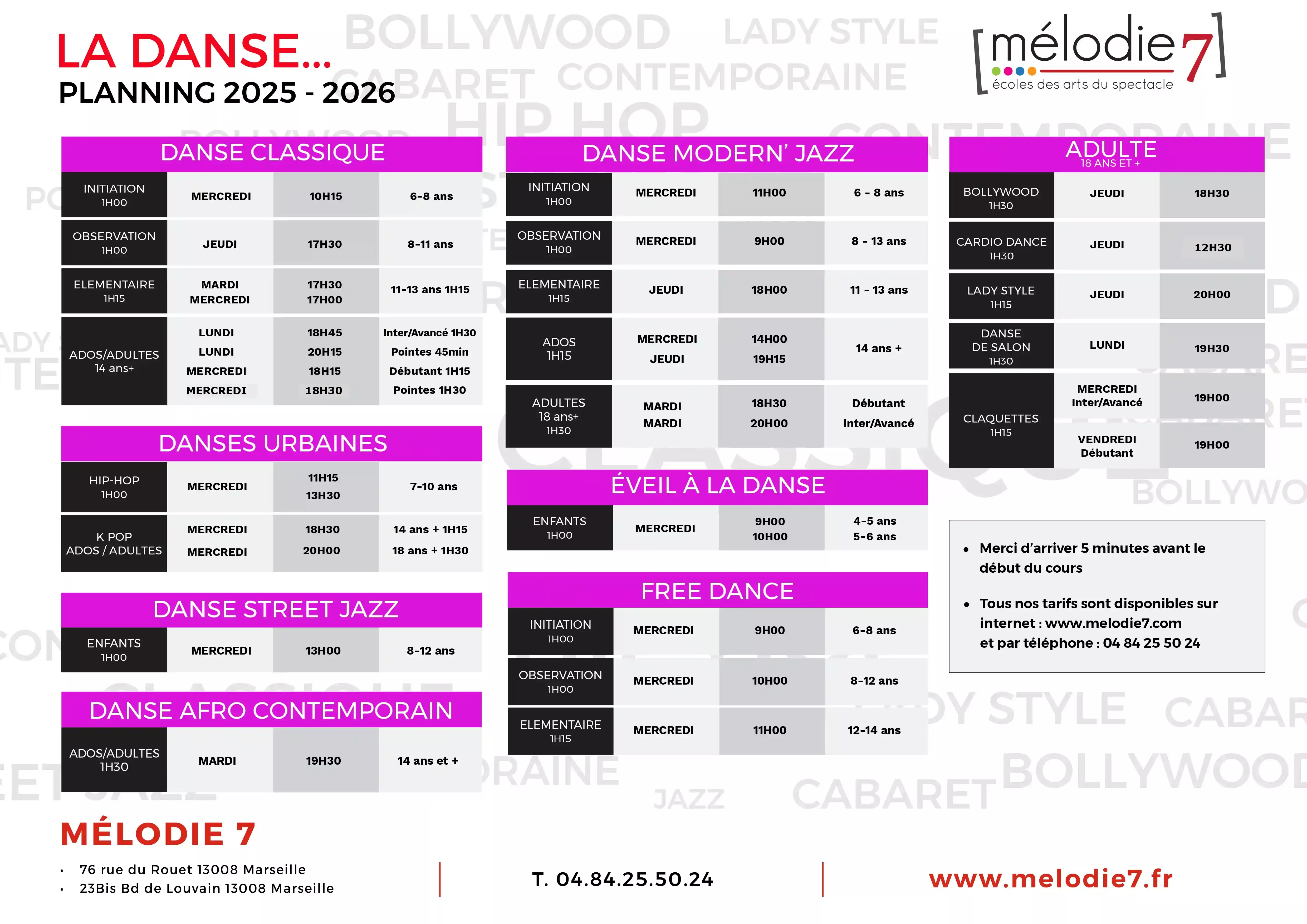 Planning cours de danse